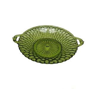 Vintage Indiana Glass Honeycomb Two Handle Small 7" Relish Bowl, Avocado Green